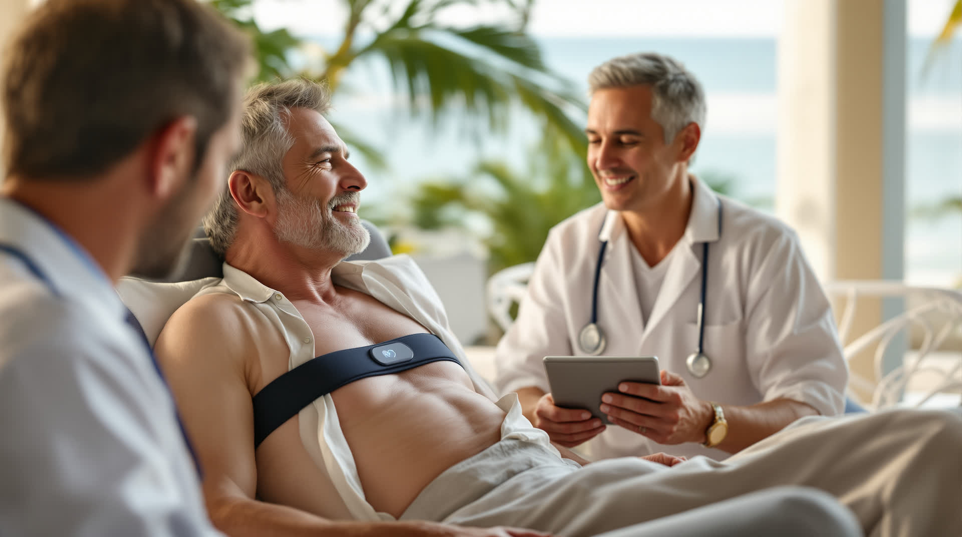 Patient resting at the MindScape clinic wearing the chest monitor strap while physicians review his telemetry on a tablet